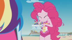 Size: 3410x1920 | Tagged: safe, screencap, pinkie pie, rainbow dash, equestria girls, g4, my little pony equestria girls: better together, too hot to handle, beach, clothes, eyes closed, female, food, geode of sugar bombs, high res, jewelry, legs together, magical geodes, necklace, one-piece swimsuit, pinkie pie swimsuit, swimsuit