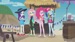 Size: 3410x1920 | Tagged: safe, screencap, fluttershy, pinkie pie, rainbow dash, rarity, crab, equestria girls, equestria girls series, g4, too hot to handle, ankles, barefoot, beach, belly button, cap, clothes, eyes closed, feet, female, fluttershy's wetsuit, geode of fauna, geode of shielding, geode of sugar bombs, geode of super speed, hairpin, hat, high res, magical geodes, one-piece swimsuit, rarity's blue sarong, rarity's purple bikini, sandals, sarong, sleeveless, smiling, sun hat, swimsuit, wetsuit