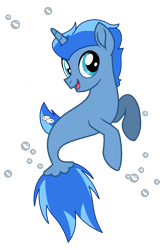 Size: 1033x1553 | Tagged: safe, artist:calinasworld, oc, oc only, seapony (g4), unicorn, base used, blue eyes, blue mane, bubble, dorsal fin, fish tail, horn, open mouth, seaponified, simple background, smiling, solo, species swap, tail, transparent background