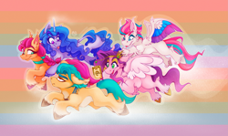 Size: 3755x2236 | Tagged: safe, artist:alzmariowolfe, hitch trailblazer, izzy moonbow, pipp petals, sunny starscout, zipp storm, earth pony, pegasus, pony, unicorn, g5, :p, adorapipp, adorazipp, colored wings, cute, eyebrows, eyebrows visible through hair, female, floppy ears, flying, frown, grin, high res, hitch trailblazer is not amused, male, mane five (g5), mare, multicolored wings, open mouth, open smile, royal sisters (g5), siblings, signature, sisters, smiling, spread wings, stallion, tongue out, unamused, unshorn fetlocks, wings