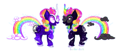 Size: 1193x534 | Tagged: safe, artist:keeka-snake, oc, oc only, hybrid, pony, cloud, colored horn, eyeshadow, fangs, female, horn, interspecies offspring, magical threesome spawn, makeup, mare, multicolored hair, neon, offspring, open mouth, parent:autumn blaze, parent:rainbow dash, parent:tantabus, rainbow, rainbow hair, rainbow horn, rainbow tail, raised hoof, sequins, simple background, solo, tail, transparent background, white hooves
