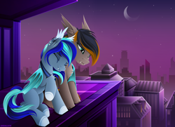 Size: 2990x2166 | Tagged: safe, artist:andaluce, oc, oc only, oc:black night, oc:moonlight selene, bat pony, pony, bat pony oc, building, city, cityscape, comforting, cute, duo, eyes closed, fangs, fluffy, high res, hug, lineless, moon, night, scenery, winghug, wings