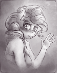 Size: 1398x1791 | Tagged: safe, artist:bantha, pinkie pie, earth pony, anthro, g4, blushing, bust, chest fluff, ear fluff, female, looking at you, monochrome, smiling, smiling at you, solo, waving