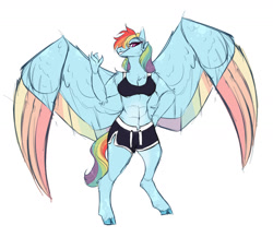 Size: 1280x1110 | Tagged: safe, artist:glorymoon, rainbow dash, anthro, unguligrade anthro, g4, abs, clothes, cloven hooves, colored wings, shorts, simple background, solo, sports bra, white background, wings