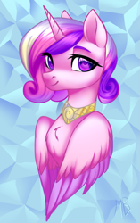 Size: 1129x1801 | Tagged: safe, artist:megabait, princess cadance, alicorn, pony, g4, abstract background, bust, female, horn, jewelry, mare, necklace, portrait, princess, solo, wings