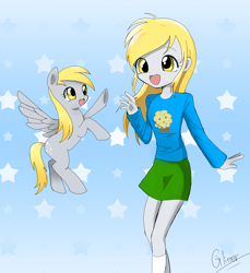 Size: 3200x3500 | Tagged: safe, artist:glitterrrrr, derpy hooves, human, pegasus, pony, equestria girls, g4, cute, derpabetes, high res, human ponidox, meeting, open mouth, open smile, self ponidox, smiling, underhoof, waving