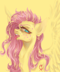 Size: 2878x3467 | Tagged: safe, artist:coconuthound, fluttershy, pegasus, pony, alternative cutie mark placement, bust, dripping, facial cutie mark, female, high res, looking at you, mare, messy mane, open mouth, portrait, profile, simple background, solo, spread wings, tongue out, wings, yellow background