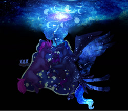 Size: 1280x1110 | Tagged: safe, artist:glorymoon, princess luna, tempest shadow, alicorn, pony, unicorn, g4, curved horn, female, horn, lesbian, magic, mare, ship:tempestluna, shipping, starry wings, story included, wings