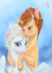 Size: 413x573 | Tagged: safe, artist:coconuthound, pegasus, pony, unicorn, anna (frozen), braid, curved horn, duo, elsa, female, flower, flower in hair, frozen (movie), horn, hug, ponified, siblings, sisters