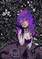 Size: 2878x3967 | Tagged: safe, artist:coconuthound, princess luna, human, g4, alternative cutie mark placement, black goo, breasts, busty princess luna, choker, claws, cleavage, clothes, creepy, creepy smile, cup, cutie mark on human, devil horns, dress, ear fluff, eared humanization, fangs, female, fishnet gloves, hand, high res, horns, humanized, monster, slit pupils, smiling, solo, table, teacup