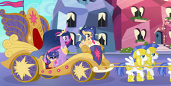 Size: 1024x517 | Tagged: safe, artist:velveagicsentryyt, twilight sparkle, oc, oc:galaxy swirls, oc:velvet sentry, alicorn, pony, g4, the last problem, base used, chariot, deviantart watermark, female, filly, obtrusive watermark, offspring, older, older twilight, older twilight sparkle (alicorn), parent:flash sentry, parent:twilight sparkle, parents:flashlight, princess twilight 2.0, royal guard, twilight sparkle (alicorn), watermark