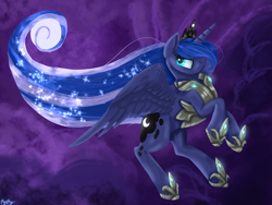 Size: 2048x1536 | Tagged: safe, artist:mystyswirl, princess luna, alicorn, pony, g4, armor, blue mane, blue tail, cloud, crown, ethereal mane, feather, female, flowing mane, flowing tail, flying, glowing, hoof shoes, horn, jewelry, night, purple background, regalia, signature, simple background, sky, solo, sparkles, spread wings, starry mane, tail, wings