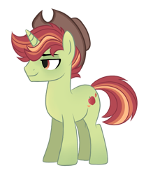 Size: 691x790 | Tagged: safe, artist:pgthehomicidalmaniac, oc, oc only, oc:fallen apple, pony, unicorn, hat, male, simple background, solo, stallion, transparent background