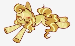 Size: 1053x641 | Tagged: safe, artist:kseall_, oc, oc only, oc:banana split, earth pony, pony, eyes closed, lying down, simple background, solo, stretching