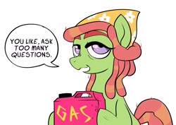 Size: 2575x1824 | Tagged: safe, artist:swagstapiece, tree hugger, earth pony, pony, g4, female, gas can, gasoline, mare, simple background, solo, speech bubble, talking to viewer, white background
