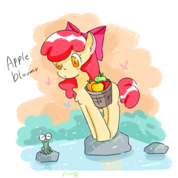 Size: 500x500 | Tagged: safe, artist:piaojun55154, apple bloom, earth pony, frog, pony, g4, female, filly, lagoon, rock, solo