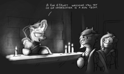 Size: 1280x768 | Tagged: safe, artist:captainhoers, oc, oc only, changeling, kirin, pony, bartender, candle, changeling oc, dialogue, glass, grayscale, kirin oc, lidded eyes, monochrome, trio