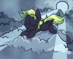 Size: 1110x900 | Tagged: safe, artist:kseall_, oc, oc only, pegasus, pony, cloud, eyes closed, folded wings, moon, moonlight, night, on a cloud, outdoors, shading, sky, sleeping, smiling, solo, stars, wings