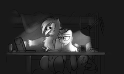 Size: 1280x768 | Tagged: safe, artist:captainhoers, oc, oc only, oc:concorde, earth pony, griffon, pegasus, pony, coffee mug, computer, desk, desk lamp, duo, grayscale, griffon oc, laptop computer, monochrome, mug, offspring, older, parent:soarin', parent:spitfire, parents:soarinfire, studying