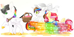 Size: 1280x640 | Tagged: safe, alternate version, artist:schokocream, oc, oc only, oc:lightning bliss, alicorn, pony, alicorn oc, basket, cloud, colored, female, goggles, hat, horn, leonine tail, mare, raised hoof, simple background, sun hat, tail, white background, wings