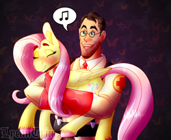 Size: 2000x1628 | Tagged: safe, artist:lycantrin, fluttershy, human, pegasus, pony, g4, blushing, colored hooves, cute, duo, eyes closed, female, folded wings, holding a pony, lullaby, male, mare, medic, medic (tf2), music notes, pictogram, shyabetes, singing, smiling, speech bubble, team fortress 2, unshorn fetlocks, wings