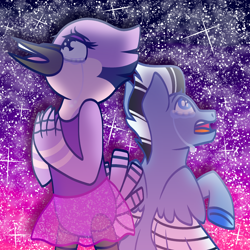 Size: 2500x2500 | Tagged: safe, artist:evelyncat, twilight sparkle, bird, pegasus, pony, anthro, g4, aeroplanes and meteor showers, airplanes (song), anthro with ponies, birdified, bust, clothes, colored hooves, crossover, crossover shipping, crying, duo, female, high res, male, mordecai, mordetwi, night, ponified, regular show, role reversal, see-through, shipping, species swap, stallion, stars, straight