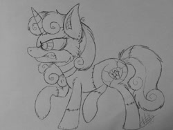 Size: 960x720 | Tagged: safe, artist:milledpurple, sweetie belle, pony, robot, robot pony, unicorn, g4, angry, cutie mark, female, filly, gritted teeth, lineart, raised hoof, signature, sweetie bot, the cmc's cutie marks, traditional art