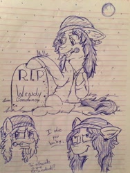Size: 720x960 | Tagged: safe, artist:milledpurple, oc, oc only, earth pony, pony, angry, beanie, braces, bust, clothes, earth pony oc, female, full moon, gravestone, gritted teeth, hat, lineart, lined paper, mare, moon, smiling, smirk, traditional art