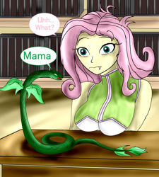 Size: 1357x1505 | Tagged: safe, artist:foxgearstudios, fluttershy, oc, snake, equestria girls, g4, book, breasts, bust, busty fluttershy, clothes, confused, dialogue, fangs, female, indoors, speech bubble, wide eyes