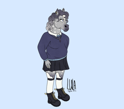 Size: 2064x1815 | Tagged: safe, artist:pegasus004, oc, oc only, horse, anthro, plantigrade anthro, bojack horseman, boots, clothes, ear piercing, earring, grey fur, jewelry, kneesocks, markings, necklace, piercing, pleated skirt, shoes, skirt, socks, solo, style emulation, sweatshirt