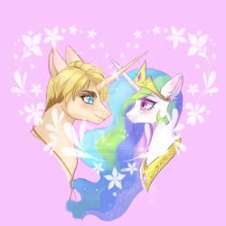 Size: 1280x1280 | Tagged: safe, artist:shu-jeantte, princess celestia, pony, g4, attack on titan, blushing, crossover, crossover shipping, deviantart watermark, erwin smith, female, horn, horns are touching, looking at each other, male, obtrusive watermark, pink background, ponified, shipping, simple background, straight, watermark