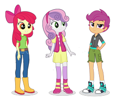 Size: 3840x3200 | Tagged: safe, artist:eqgcmc, derpibooru exclusive, edit, edited screencap, screencap, vector edit, apple bloom, scootaloo, sweetie belle, human, equestria girls, g4, my little pony equestria girls: better together, adorabloom, background removed, belt, boots, bow, classy, clothes, complete set, converse, cute, cutie mark crusaders, diasweetes, dress, female, hand on hip, high heel boots, high res, hoodie, jeans, modesty, pants, shirt, shoes, short pants, shorts, simple background, smiling, sneakers, socks, tomboy, transparent background, trio, trio female