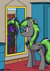 Size: 1280x1811 | Tagged: safe, artist:pony-berserker, oc, oc:nightmare hp, changeling, pegasus, pony, commission, glasses, mirror, purple changeling, reflection, wardrobe