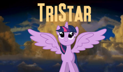 Size: 880x519 | Tagged: safe, artist:mracrizzy, twilight sparkle, alicorn, pony, g4, closing logo, female, mare, smiling, spread wings, tristar, twilight sparkle (alicorn), wings