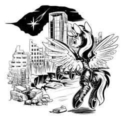 Size: 3096x2920 | Tagged: safe, artist:lexx2dot0, princess luna, oc, oc:blackjack, pony, unicorn, fallout equestria, fallout equestria: project horizons, series:ph together we reread, black and white, clothes, fanfic art, female, grayscale, high res, horn, jumpsuit, mare, monochrome, pipbuck, ruined city, skyscraper, small horn, solo, vault security armor, vault suit