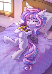 Size: 2480x3508 | Tagged: safe, artist:dandy, oc, oc only, bat pony, pony, bat pony oc, bat wings, bed, bedroom, blushing, cute, ear fluff, eyes closed, female, happy, high res, hug, lens flare, owo, pillow, plushie, raffle prize, smiling, solo, uwu, wings