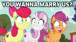 Size: 1024x576 | Tagged: safe, edit, edited screencap, screencap, apple bloom, scootaloo, sweetie belle, earth pony, pegasus, pony, unicorn, g4, growing up is hard to do, bronybait, cutie mark crusaders, faic, female, flapping wings, implied marriage, mare, older, older apple bloom, older cmc, older scootaloo, older sweetie belle, wings