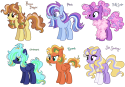 Size: 2604x1808 | Tagged: safe, artist:fizzmitz, oc, oc only, oc:banana daiquiri, oc:cirrostratus, oc:fluffy sweater, oc:polaris, oc:silk stocking, oc:tigermoth, earth pony, pegasus, pony, unicorn, clothes, ear piercing, earring, eyeshadow, female, freckles, glasses, hair over one eye, hair tie, jewelry, leaves, leaves in hair, makeup, mare, next generation, offspring, parent:applejack, parent:big macintosh, parent:caramel, parent:fluttershy, parent:orion, parent:pinkie pie, parent:pokey pierce, parent:prince blueblood, parent:rainbow dash, parent:rarity, parent:soarin', parent:twilight sparkle, parents:carajack, parents:fluttermac, parents:pokeypie, parents:rariblood, parents:soarindash, piercing, simple background, socks, sweater, transparent background