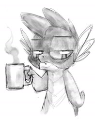 Size: 1280x1630 | Tagged: safe, artist:talonsofwater, spike, dragon, g4, coffee, male, monochrome, simple background, sketch, solo, unamused, white background