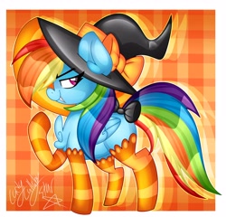 Size: 4096x3932 | Tagged: safe, artist:ladylullabystar, rainbow dash, pegasus, pony, g4, chest fluff, clothes, fangs, hat, raised hoof, socks, solo, striped socks, witch hat