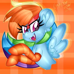 Size: 4096x4096 | Tagged: safe, artist:ladylullabystar, rainbow dash, pegasus, pony, g4, abstract background, absurd resolution, clothes, fangs, looking at you, open mouth, open smile, purple eyes, smiling, socks, solo, striped socks