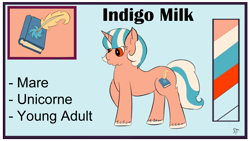 Size: 1192x670 | Tagged: safe, artist:schumette14, oc, oc:indigo milk, pony, unicorn, adopted offspring, alternate universe, bluebelleuniverse, colt, male, multiverse, next generation, parent:applejack (male), parent:paprika, parent:saffron masala, ref, reference, universe