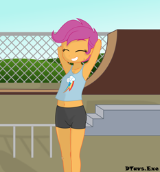 Size: 5598x6000 | Tagged: safe, artist:dtavs.exe, scootaloo, equestria girls, g4, arm behind head, bandaid, bike shorts, clothes, cute, cutealoo, eyes closed, female, grin, show accurate, skatepark, smiling, tank top