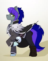 Size: 2481x3096 | Tagged: safe, artist:arctic-fox, oc, oc only, pony, boots, cape, clothes, cravat, high res, shoes, solo, sword, weapon