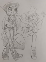 Size: 2604x3469 | Tagged: safe, artist:shadowhawx, apple bloom, applejack, equestria girls, g4, boots, clothes, cooler, duo, fishing rod, grin, happy, high res, jeans, monochrome, pants, shoes, smiling, traditional art