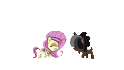 Size: 640x360 | Tagged: safe, artist:drippysdirtydeeds, fluttershy, oc, oc:drippydeerpone, deer, deer pony, original species, pegasus, pony, g4.5, my little pony: pony life, superb six, animated, bipedal, dancing, duo, eyes closed, female, male, nose in the air, simple background, transparent background
