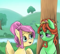 Size: 2048x1840 | Tagged: safe, artist:smirk, fluttershy, tree hugger, earth pony, pegasus, pony, g4, alternate hairstyle, blushing, bush, bust, cute, duo, female, floral head wreath, flower, lidded eyes, looking at each other, looking at someone, mare, open mouth, outdoors, ponytail, river, talking, tree, under the tree, wings