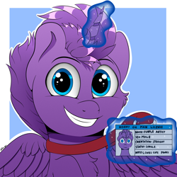 Size: 2000x2000 | Tagged: safe, artist:h3nger, oc, oc only, oc:purple artist, alicorn, pony, alicorn oc, cheek fluff, glowing, glowing horn, grin, high res, horn, horny on main, levitation, looking at you, magic, male, smiling, smiling at you, solo, spread wings, telekinesis, wings