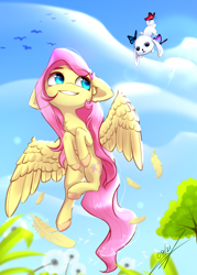 Size: 1000x1400 | Tagged: safe, artist:thatdreamerarts, angel bunny, fluttershy, bird, butterfly, pegasus, pony, rabbit, adorable face, animal, chest fluff, cloud, colored hooves, cute, cutie mark, dandelion, duo, ear fluff, feather, female, floppy ears, flying, looking at someone, looking up, mare, outdoors, shyabetes, smiling, spread wings, tree, wings