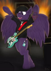 Size: 2546x3520 | Tagged: safe, artist:kamithepony, oc, oc only, oc:firesale, pegasus, pony, collar, electric guitar, fangs, guitar, guitar amp, high res, jewelry, musical instrument, musician, piercing, rock (music), solo, stage, tattoo